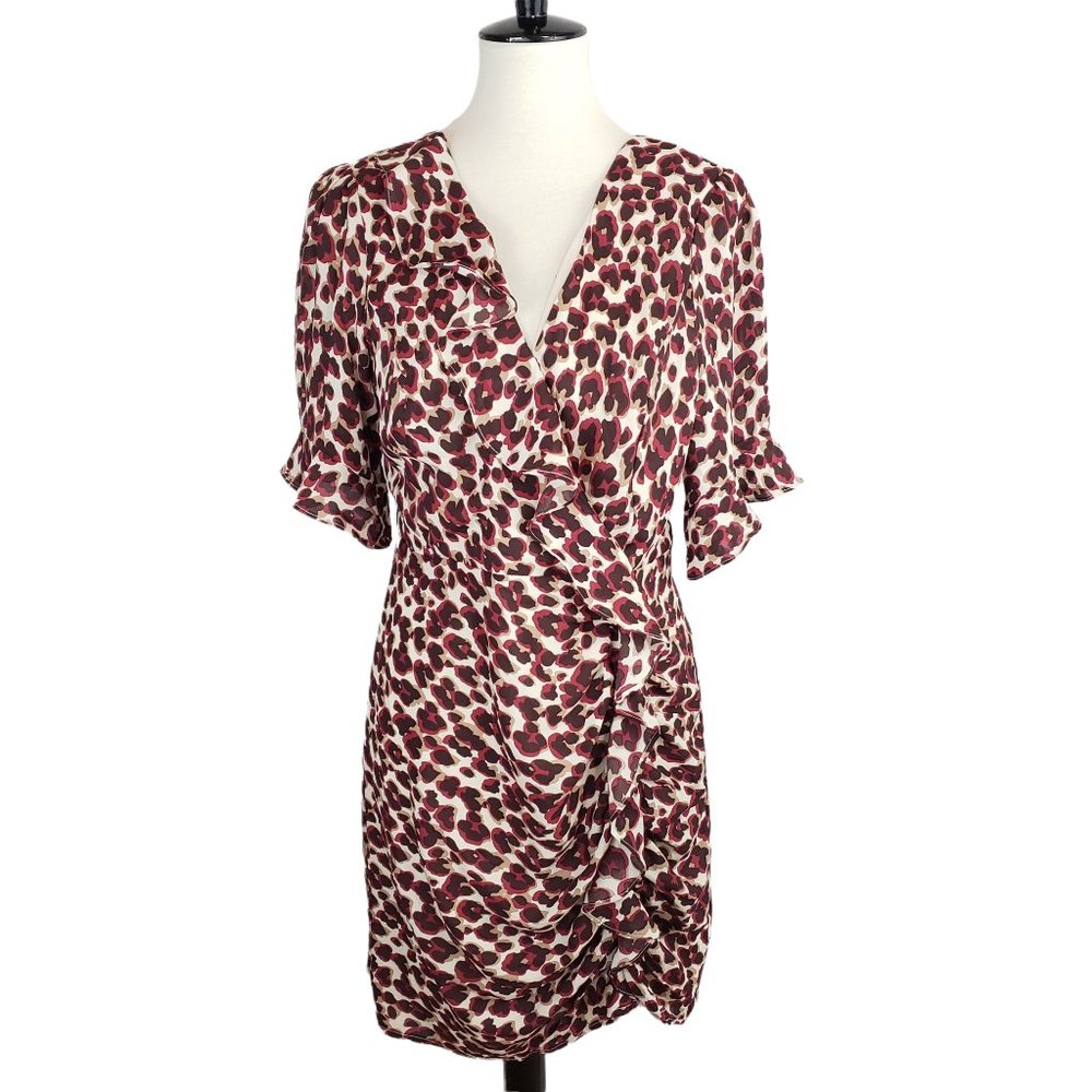 Essue Leopard Print Faux Wrap Chiffon Mini-Dress Large